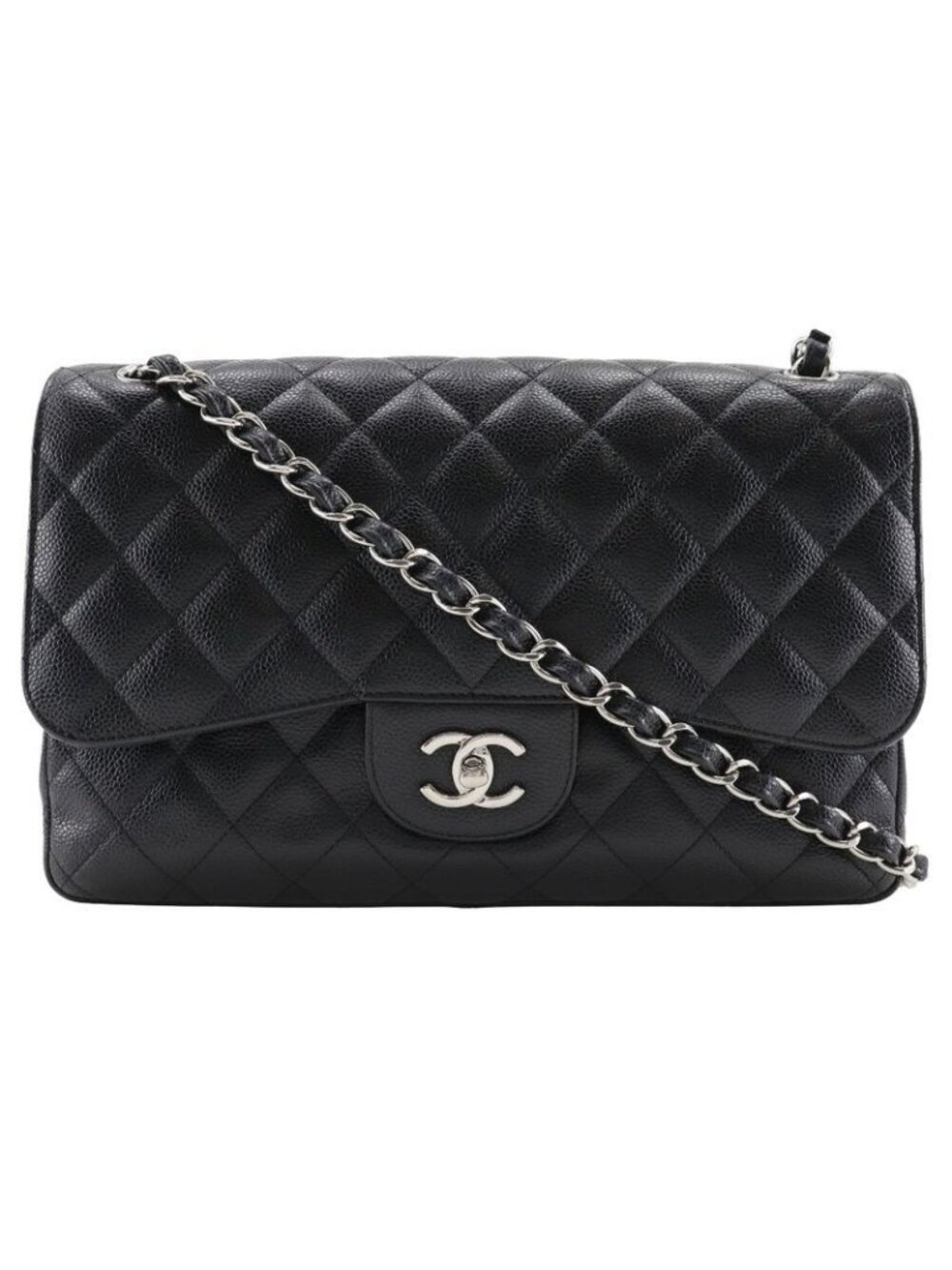 Chanel Deca Quilted 30 Chain Shoulder Double Flap Caviar Leather Black